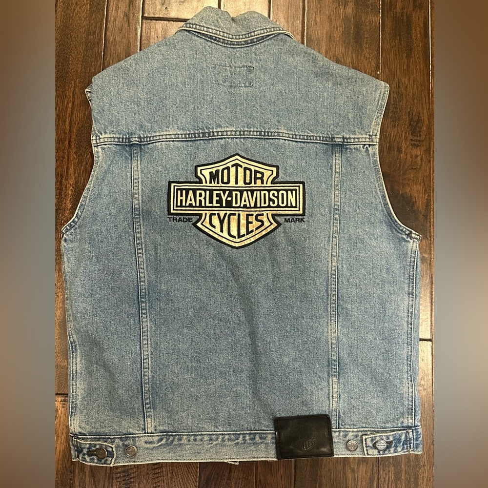 Harley-Davidson Blue Denim Vest with Black Leather Patch